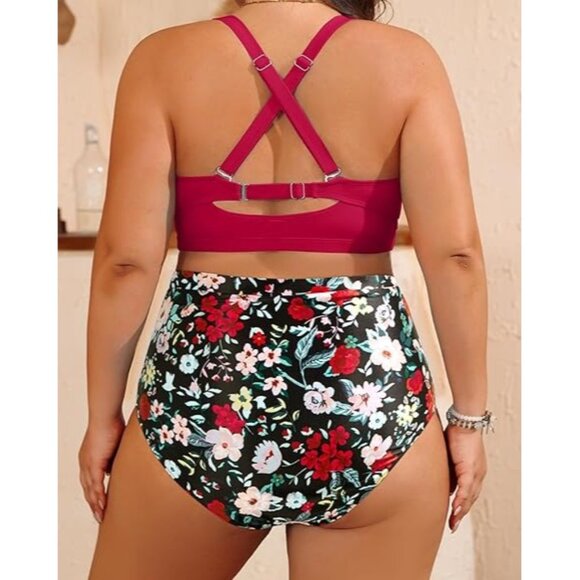 Daci Plus Size 22W Two-Piece Swimsuit High-Waisted Bottom Ruched Floral Bikini - Picture 5 of 9